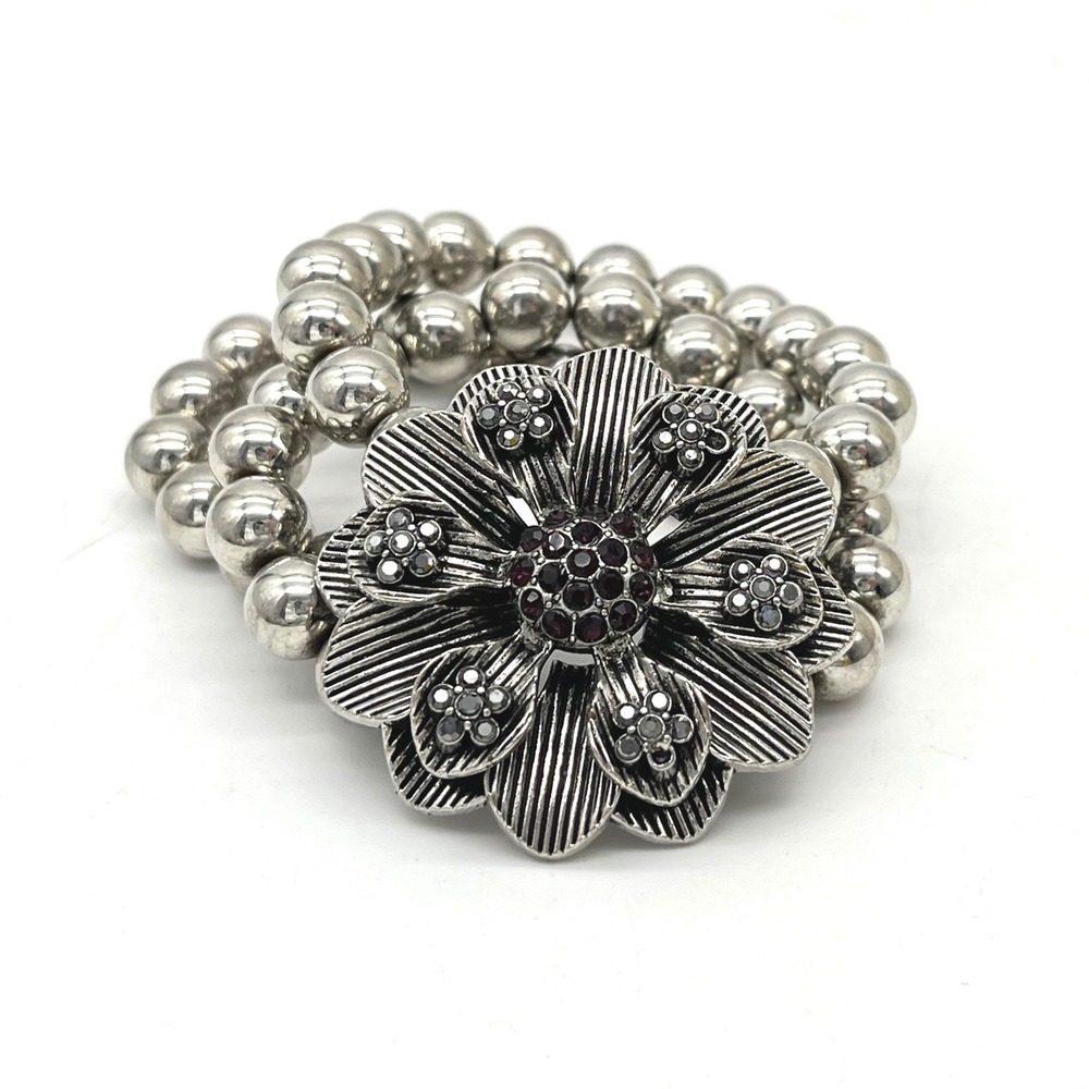 Silver Tone Triple Strand Bead Stretch Bracelet Purple Rhinestone Flower